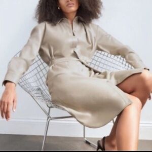 NWOT Aritzia Babaton Vegan Faux Leather Vice Shirt Dress Belted Beige Size Large